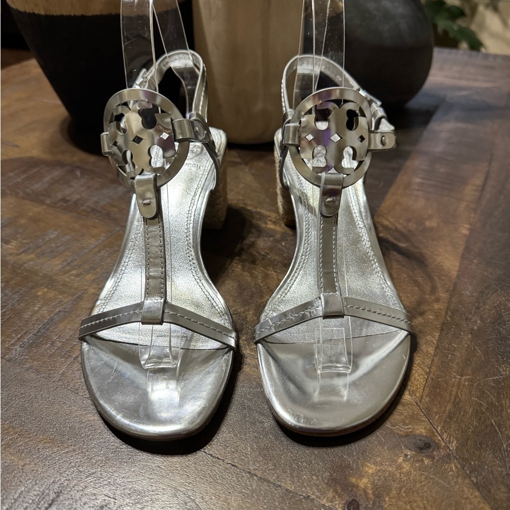 EUC Tory Burch Miller Wedge Sandals Size 6.5 M SILVER